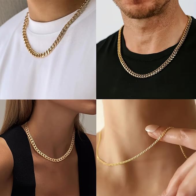 Daisy Philip 3mm 5mm 7mm 9mm CURB Mens Necklace 24K Gold Platted Chain Cuban - Stainless Steel Jewellery - Neck Link Chains for Men Man Women Boys Kids