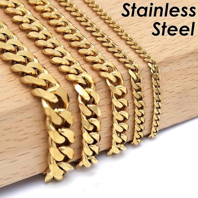 Daisy Philip 3mm 5mm 7mm 9mm CURB Mens Necklace 24K Gold Platted Chain Cuban - Stainless Steel Jewellery - Neck Link Chains for Men Man Women Boys Kids