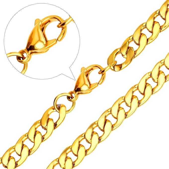 Daisy Philip 3mm 5mm 7mm 9mm CURB Mens Necklace 24K Gold Platted Chain Cuban - Stainless Steel Jewellery - Neck Link Chains for Men Man Women Boys Kids